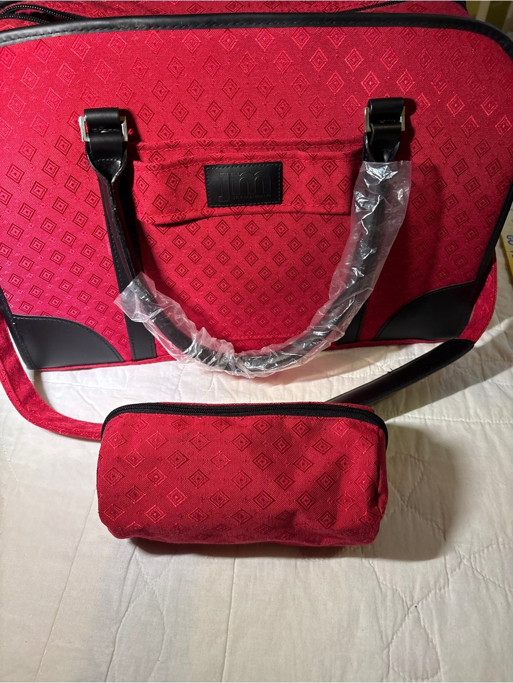 Joy Mangano Red Travel Tote with Black Trim with 2 toiletries bags. - Picture 3 of 10